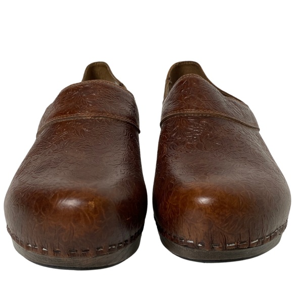 Dansko Floral embossed Brown Leather Slip on Strap Clogs (10) - Picture 8 of 9